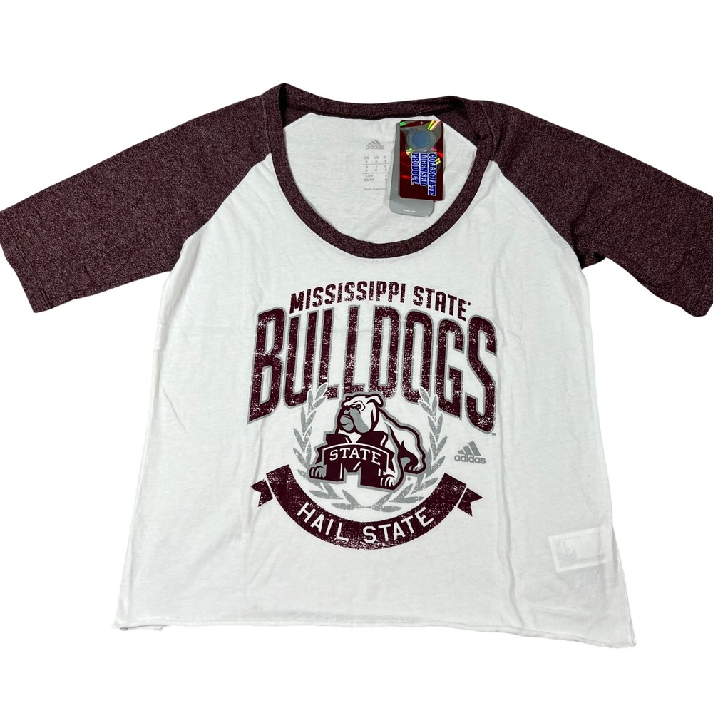 Adidas Mississippi State Bulldogs Womens Small 3/4 Sleeve Tee White Maroon NEW